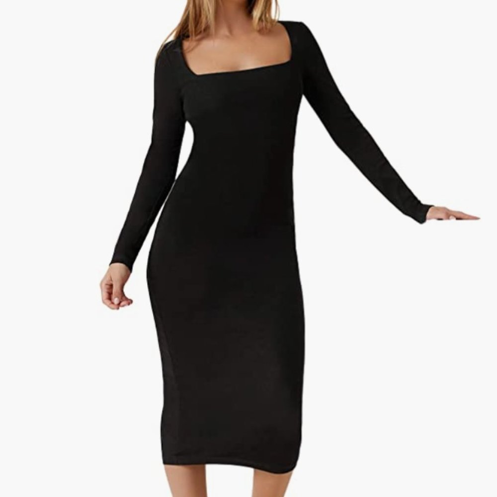 Women's Basic Square Neck Long Sleeve Bodycon Pencil Dress